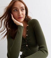 New Look Khaki Ribbed Knit Long Sleeve Popper Front Ruched Jumper
